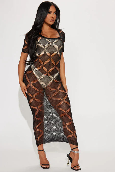 Golden Sands Metallic Crochet Maxi Dress