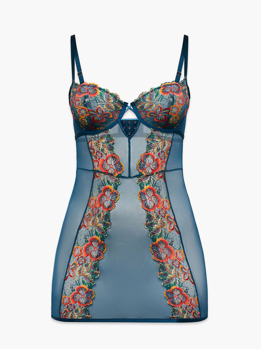 sunchaser lace underwire slip, bawdy blue lingerie